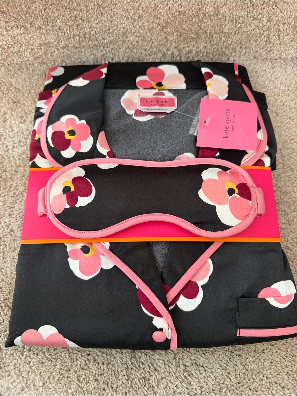 Brand new: kate spade Black Floral Satin Pajama Set with Pink Trim and Eye Mask